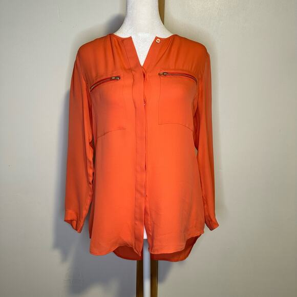 Theory coral three-quarter sleeve button down silk blouse size P - Picture 2 of 13